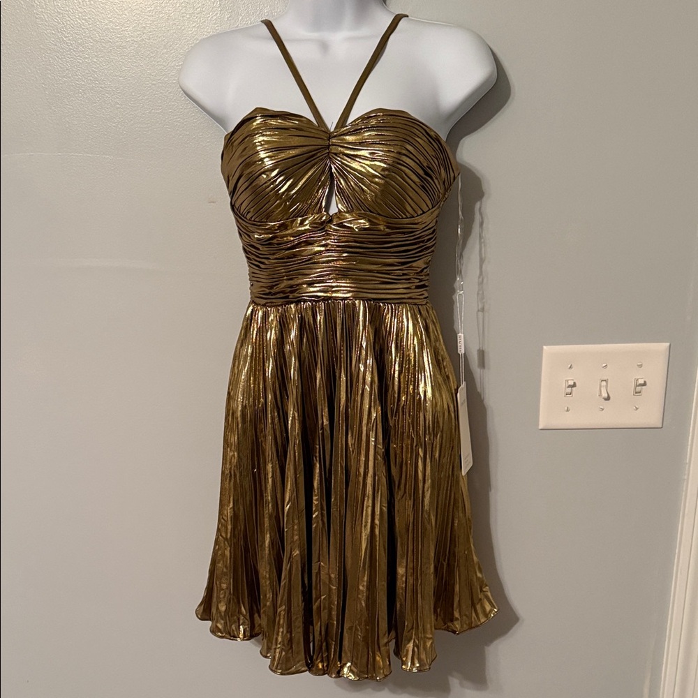 Stacees Gold Strappy Mini Dress
